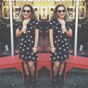 Retro inspired floral silky navy dress